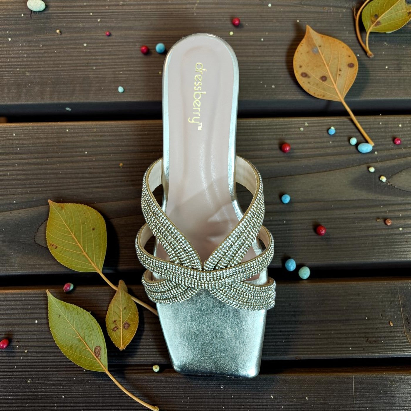 Golden Rhinestone Cross Strap Block Heel Slippers for Women