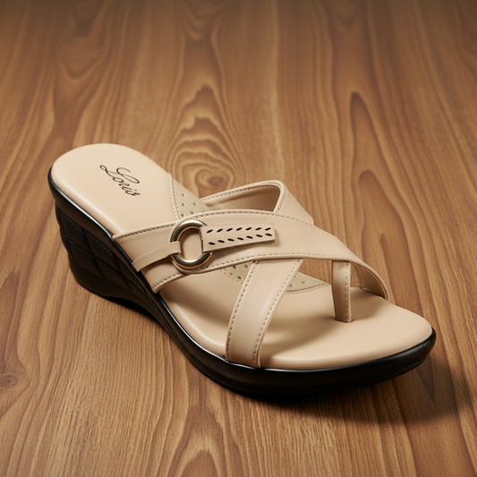 Premium Beige Comfort Wedge Sandals for Women | Soft Cushion Footbed | PU Sole | Slip-On Daily Wear