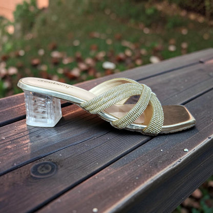 Golden Rhinestone Cross Strap Block Heel Slippers for Women