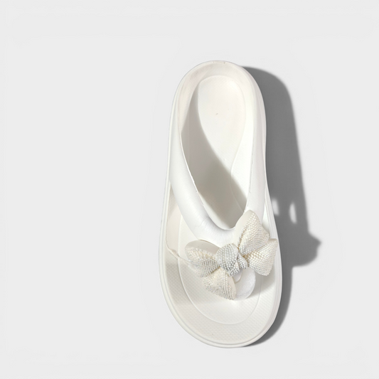 Elegant White Bow Comfort Sliders