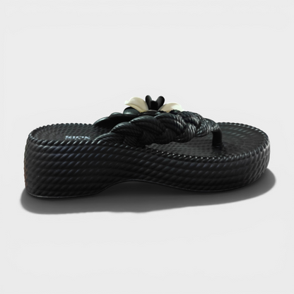 Elegant Floral Platform Flip Flops – Textured Comfort Slippers for Women