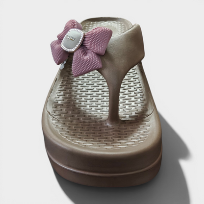 Elegant Bow Platform Flip Flops for Girls – Beige & Pink Casual Slippers