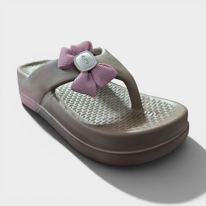 Elegant Bow Platform Flip Flops for Girls – Beige & Pink Casual Slippers