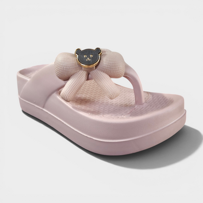 Cute Bear Bow Platform Flip Flops for Girls – Soft Pink Comfort Slippers