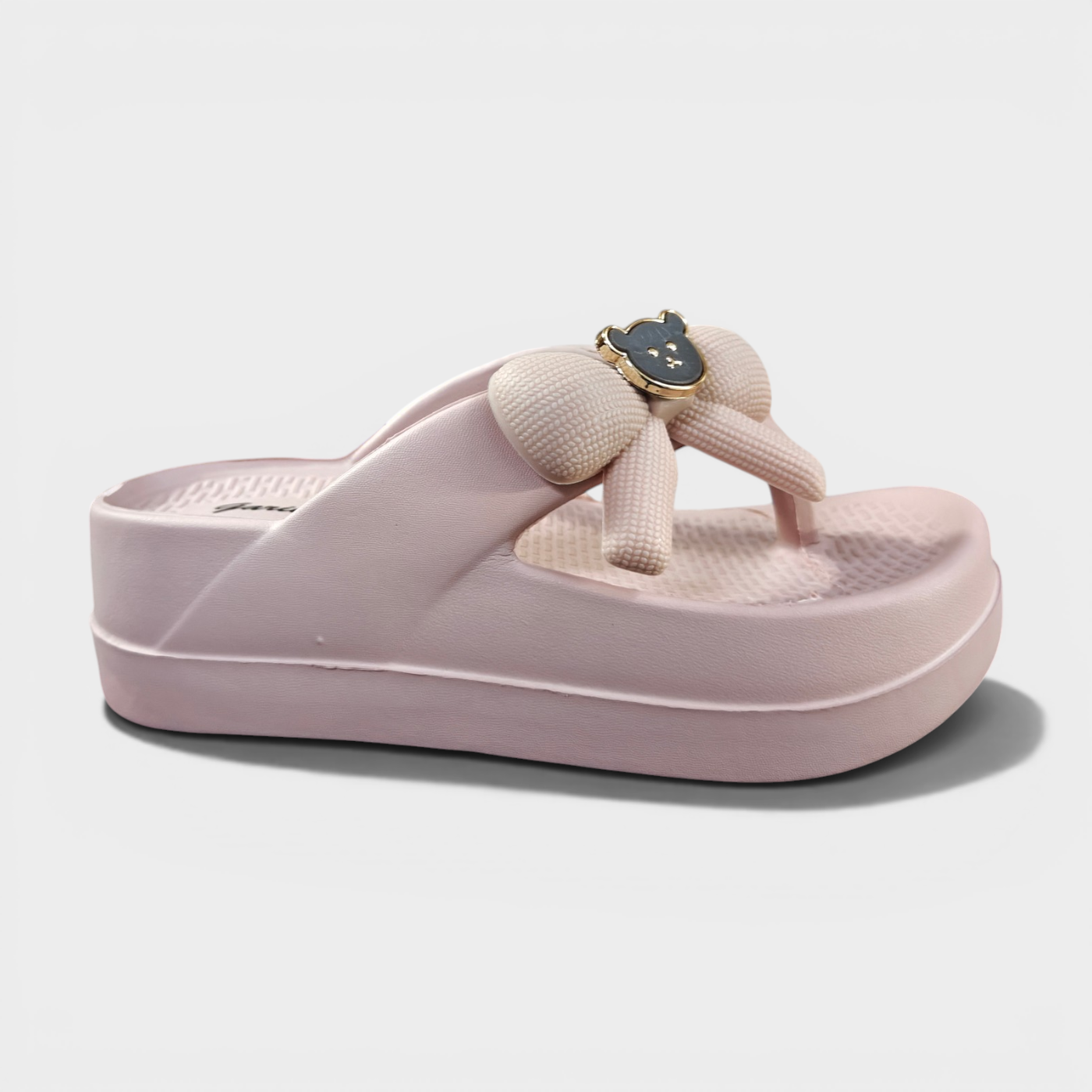 Cute Bear Bow Platform Flip Flops for Girls – Soft Pink Comfort Slippers